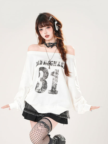 Black/White Off-the-shoulder Neckline Number Print Summer Sweatshirt