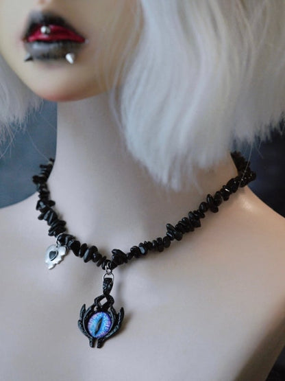 Black Gothic Demon Eye And Heart Pendant Crushed Stone Necklace