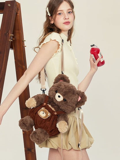 Chocolate Brown Cute Plush Bear Backpack + Overall Pants Middle/Large Size