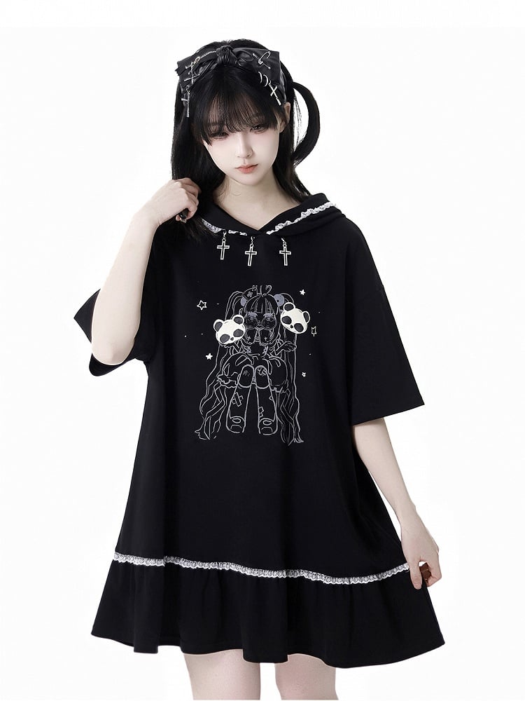 Black Cross Charms Contrast Lace Trim Bittersweet Girl Print Hooded Dress