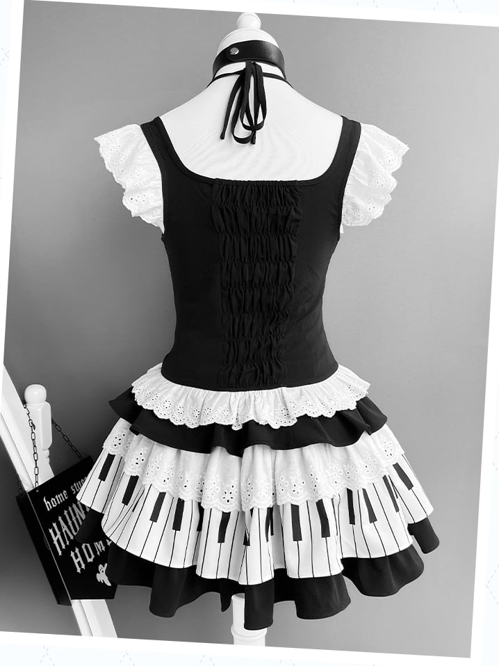 Black and White Flutter Sleeves Halter Top+ Piano Key Design Tiered Skirt + Striped Armwear Set
