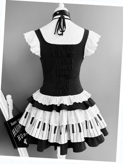 Black and White Flutter Sleeves Halter Top+ Piano Key Design Tiered Skirt + Striped Armwear Set