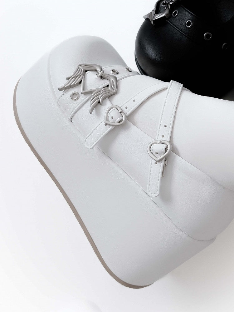 White Y2K Crisscross Design Wings Decorated Heart Buckles Platforms