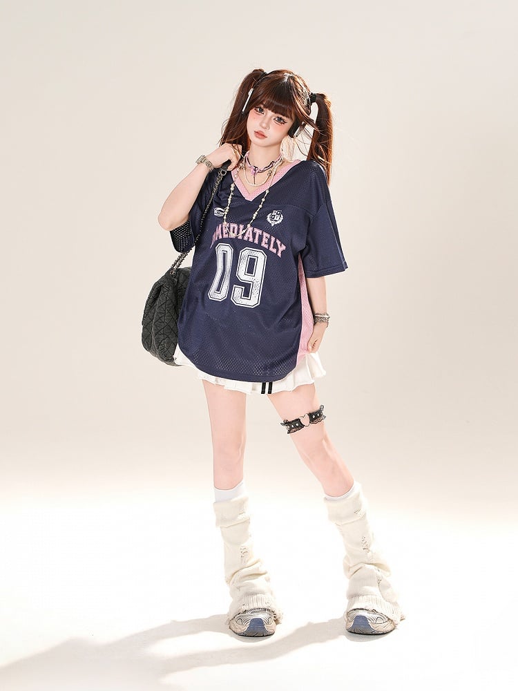 Gray/Dark Blue Number Print Hollow-out T-shirt V-neck Loose Top