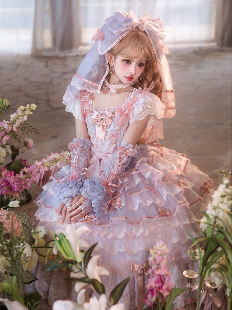 Purple and Pink Hime Lolita Bow Accents Tiered Skirt Princess Dress