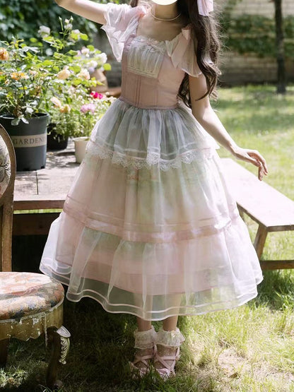 Oil Painting Water Lily Print Light Pink Square Neckline and Flutter Sleeves One Piece