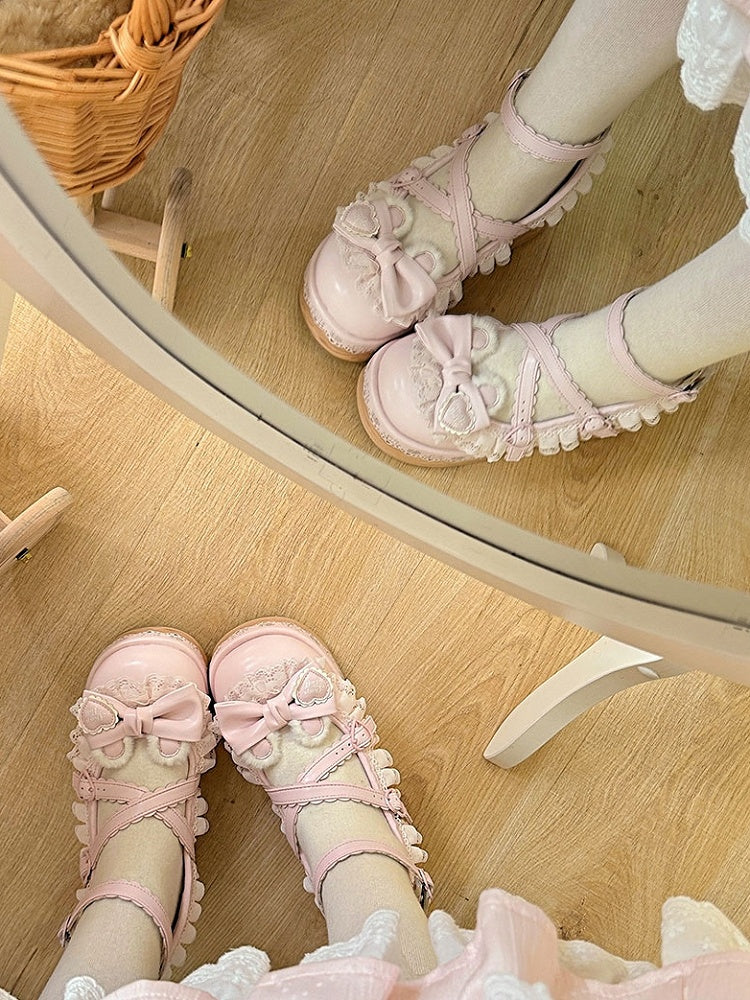 Pink Crisscross Design Bunny Ear Bow at Top Lace Trim Platforms