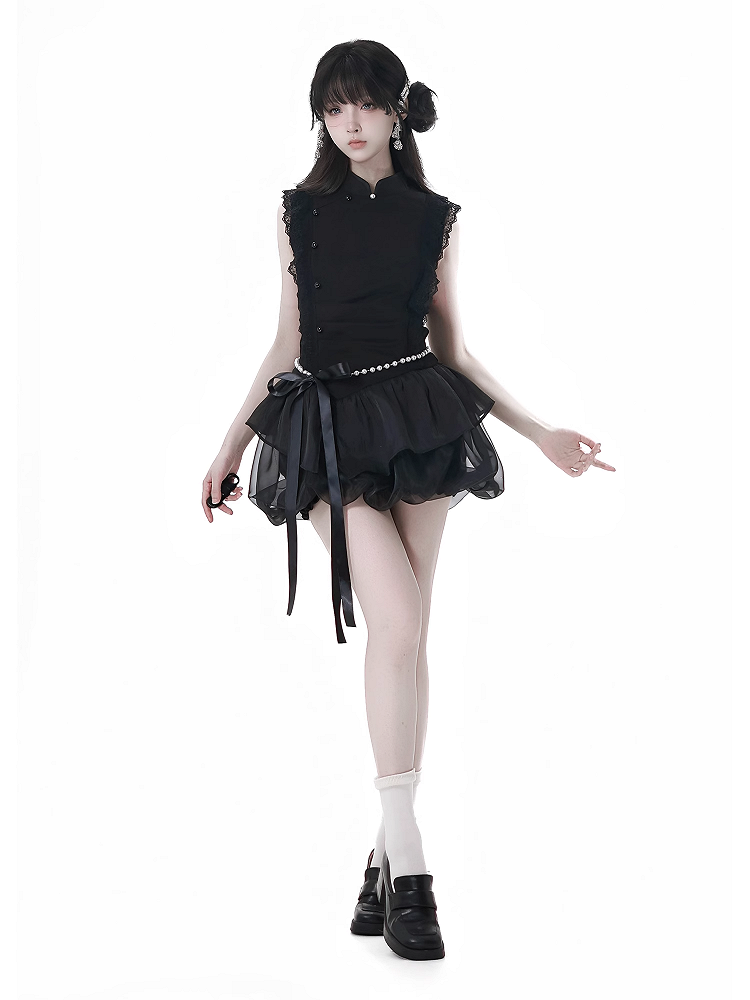 Black Cheongsam Style Banded Collar Mini Dress Bubble Skirt with Beaded Waist Chain
