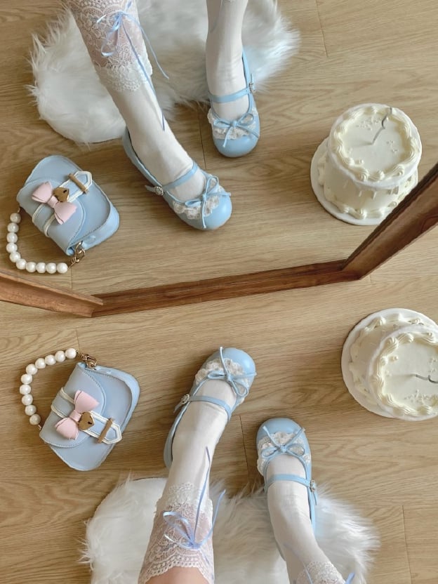Blue Knotted Bow Accent Lace Trim 2.2CM/4.3CM Heels Round Toe Mary Janes