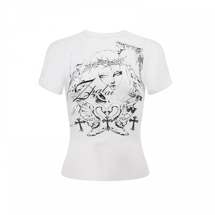 Y2K Print Lace-up Back White/Black Slim-fitting T-shirt