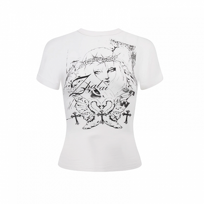 Y2K Print Lace-up Back White/Black Slim-fitting T-shirt
