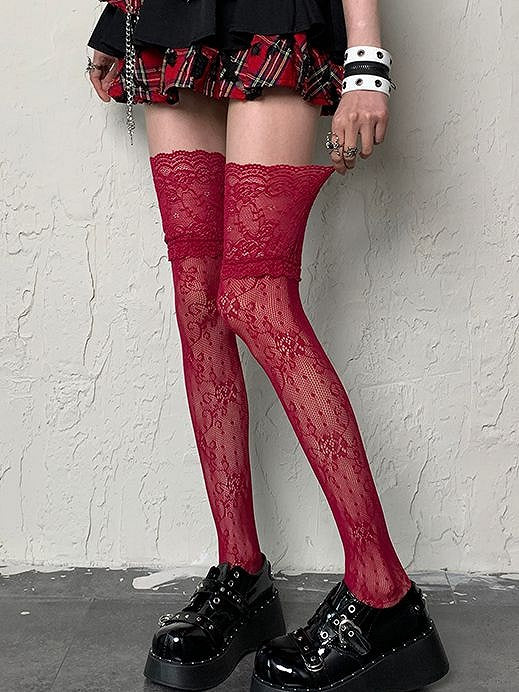 Gyaru Fashion Win Red Floral Pattern Lace Trim Y2K Overknee Stockings