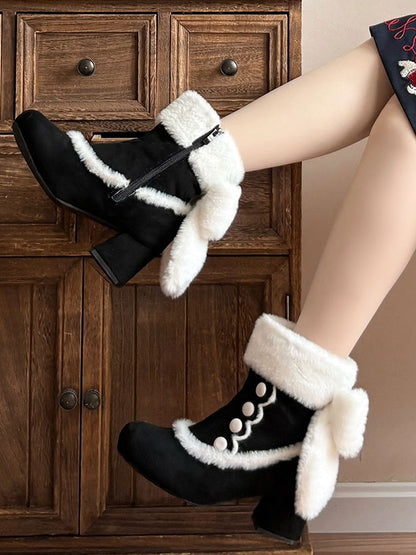 Black Sweet Lolita Mid-Calf Boots - Button Accents, Plush Bow & Furry Cuff with Inner Zip