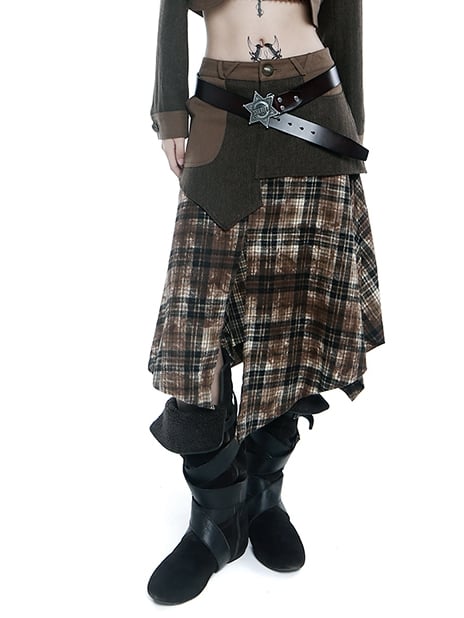 Wasteland Punk Coffee Plaid Handkerchief Skirt