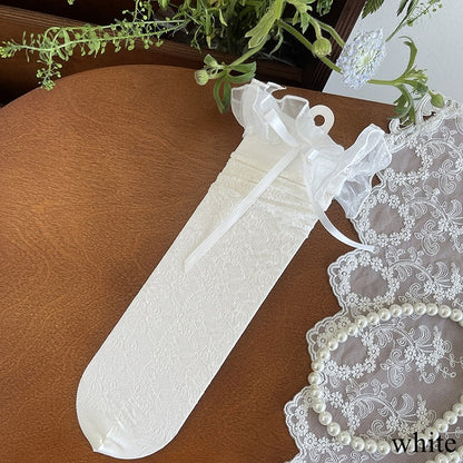 Black/Light Yellow/White Bowknot Details Lace Trim Hollow-out Underknee Stockings