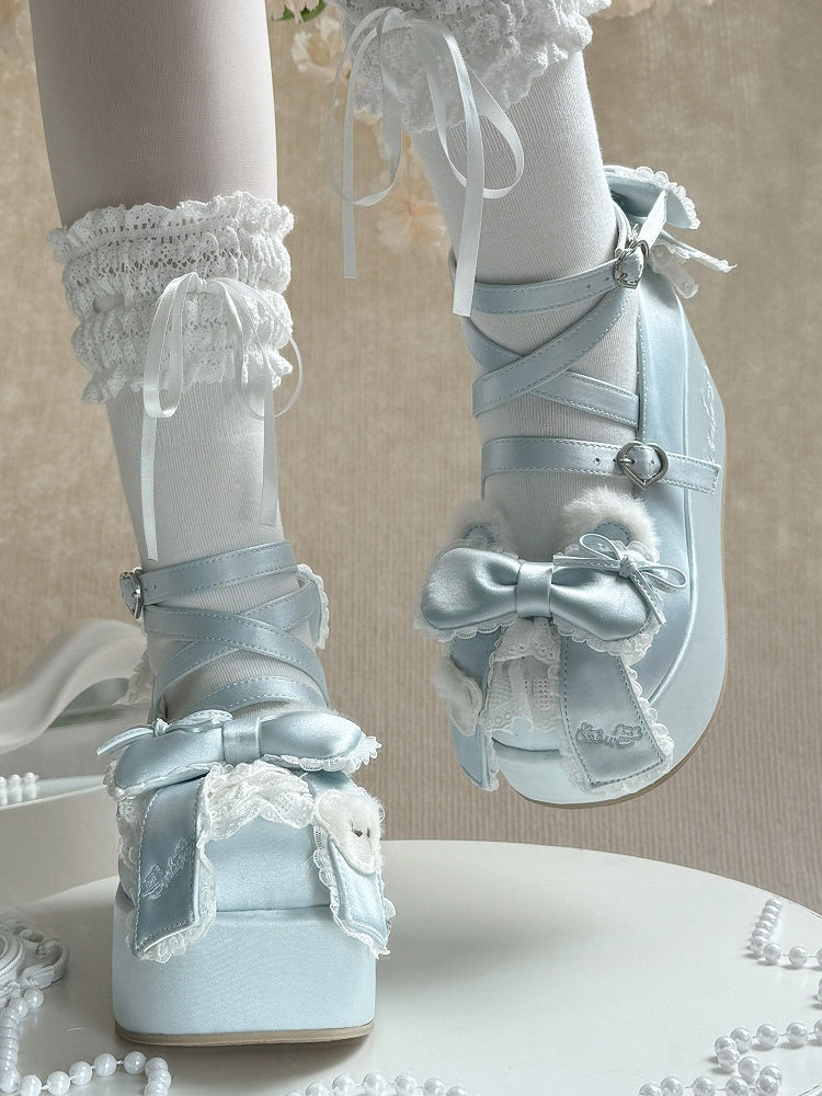 Blue Sweet Lolita Platforms with Plush Bear Ear Accents, Bow Embellishments & Crossed Straps