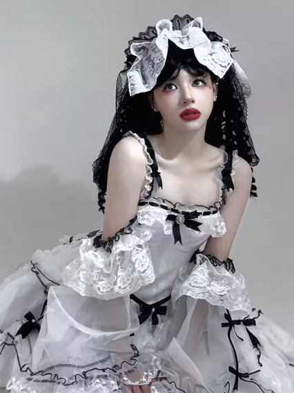 White & Black Lace Lolita Head Veil with Ruffles