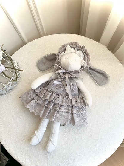 Gray Rosette and Bowknot Embroidery Dress + Bunny Ears Hat