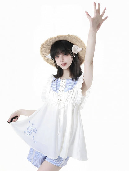 Seashell and Starfish Embroidery White and Blue Plaid Lace-up Front Flutter Sleeves Top