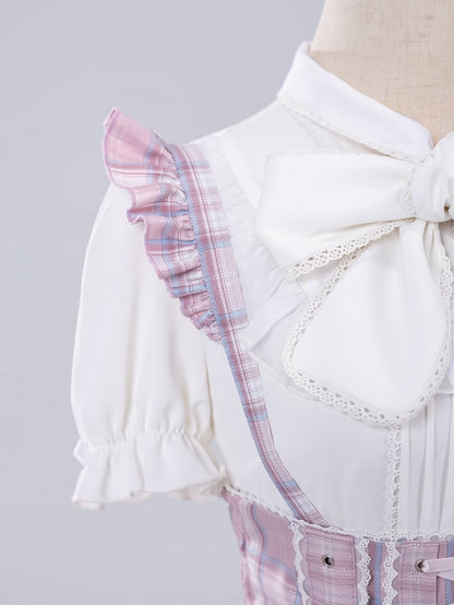 Pink Lace-up High Waist Jirai Kei Plaid Skirt with Detachable Flutter Straps