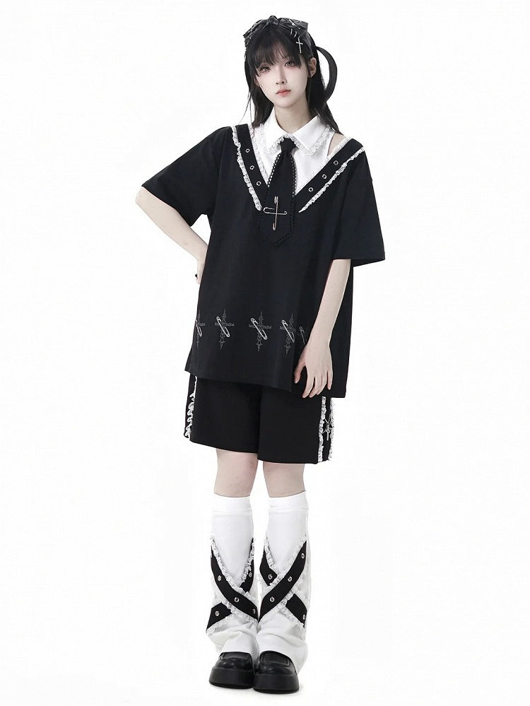 Black Shirt Collar Pin Cross Print T-Shirt with Free Tie