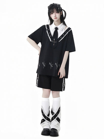 Black Shirt Collar Pin Cross Print T-Shirt with Free Tie