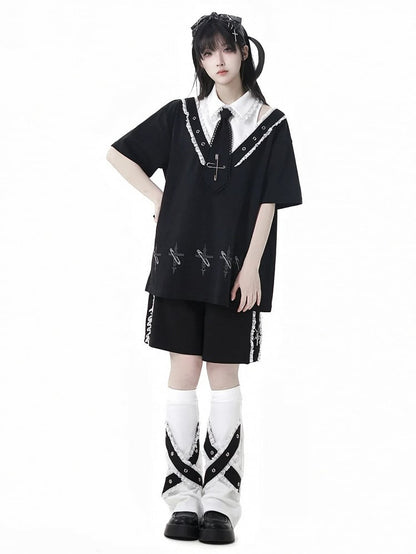 Black Shirt Collar Pin Cross Print T-Shirt with Free Tie