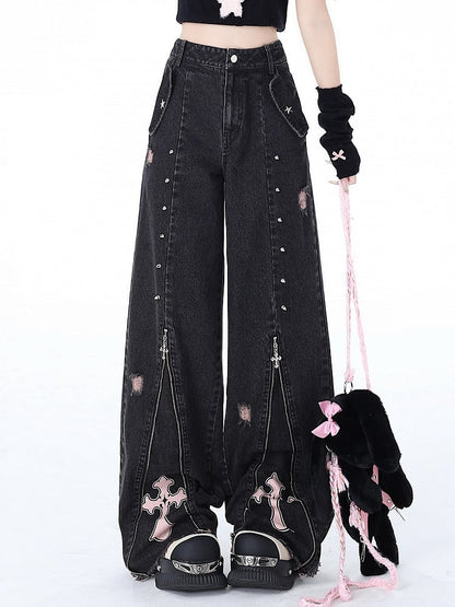 Studs Detail Black Punk Zips Design High Waist Jeans