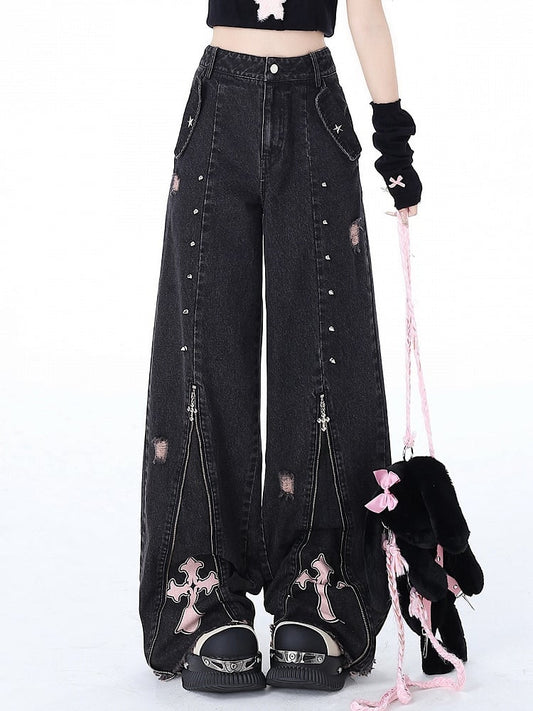 Studs Detail Black Punk Zips Design High Waist Jeans