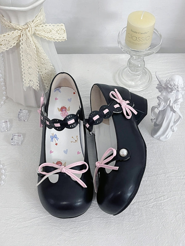 Black Beaded Decorated Knotted Bow at Top Round Toe Lolita Shoes