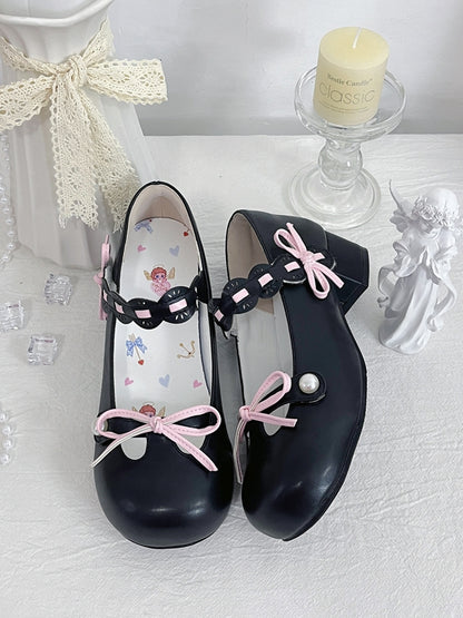 Black Beaded Decorated Knotted Bow at Top Round Toe Lolita Shoes