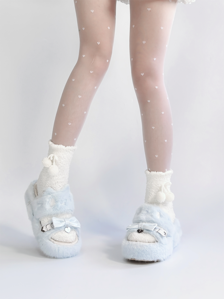 Light Blue Jirai Kei Plush Slippers: Embroidered Cat Design with Platform Sole & Top Bow