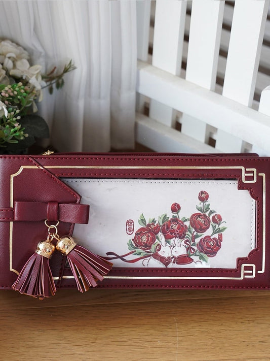 Wine Red PU Floral Pattern Cheongsam Style Ita Bag With Bow & Fringe Accent