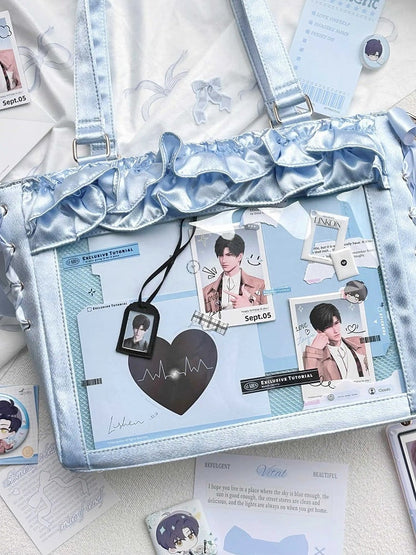 Blue Satin Ruffle Trims Self-tie Straps Ita Bag With Bow Card Holder