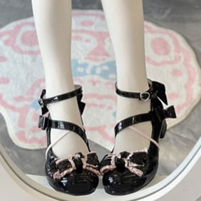 Black and Pink Bow at Top 3cm Heel Sweet Round Toe Mary Janes