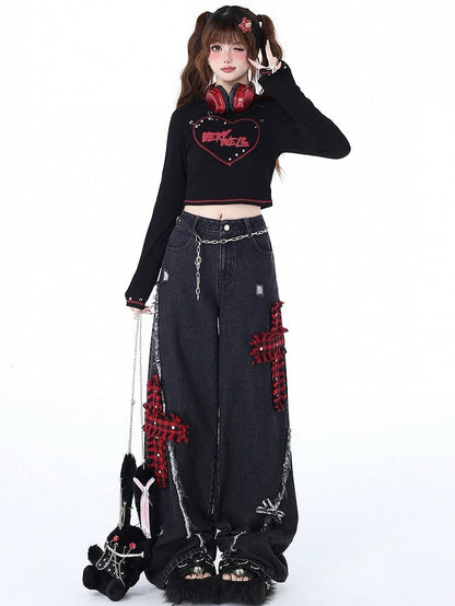 Red Plaid Crosses Black Punk Wide Leg Jeans Distressed Holes