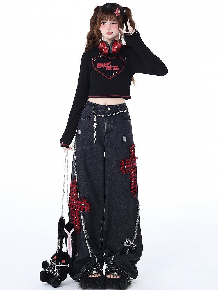 Red Plaid Crosses Black Punk Wide Leg Jeans Distressed Holes