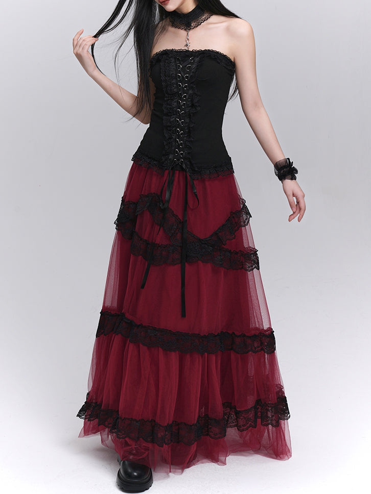 Contrast Black Lace Trim Wine Red Floor Length Mesh Skirt