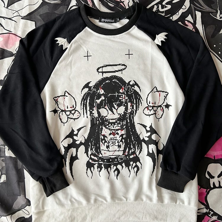 Black & White Evil Girl Print Devil Wing Design Sweatshirt