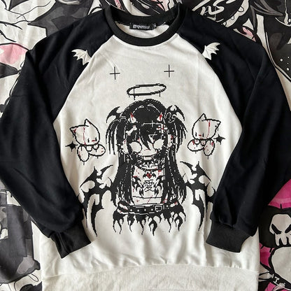 Black & White Evil Girl Print Devil Wing Design Sweatshirt