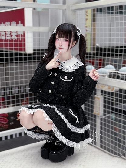 Jirai Kei Black Tweed Crop Jacket with Heart Buttons and Bow Accents