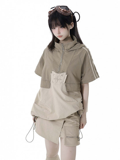Khaki Snap and Drawstring Detail Techwear Skort