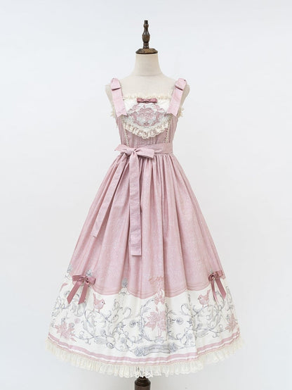 Pink Titmouse and Floral Print Lolita Jumper Skirt