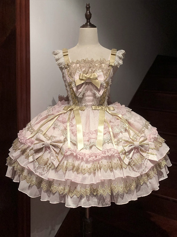 Pink Bead Chain Bows Decorated Tiered Skirt Princess Lolita Dress