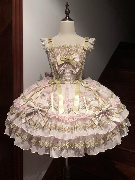 Pink Bead Chain Bows Decorated Tiered Skirt Princess Lolita Dress