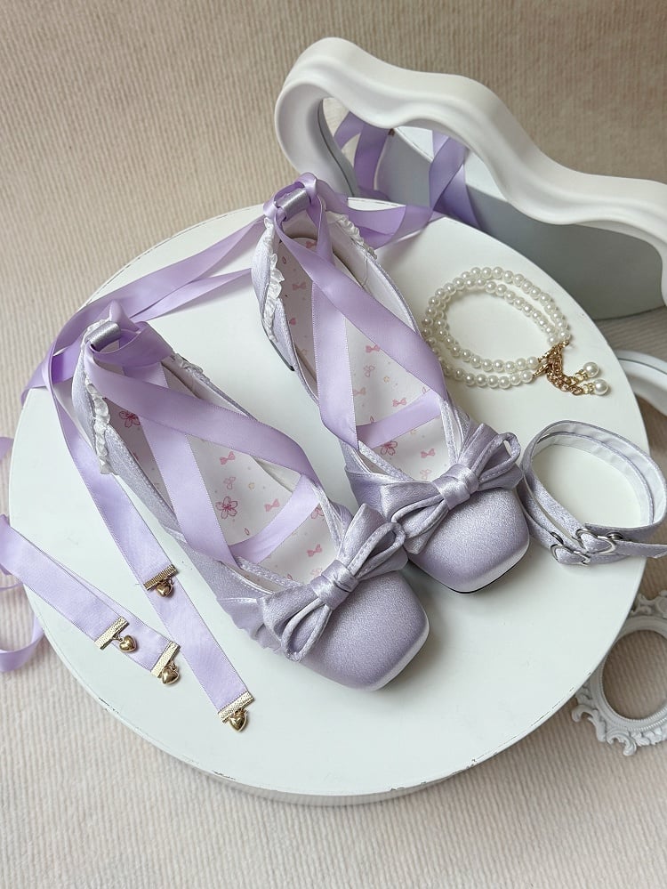 Purple Elegant Bow at Top Mary Janes With 3 Detachable Buckle Ankle Straps