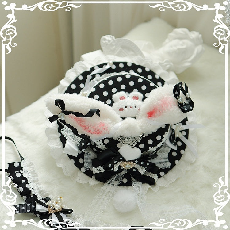 5 Color Options Polka-dot Pattern Beaded Decorated Bowknot Details Plush Bunny Ear Flat Hat