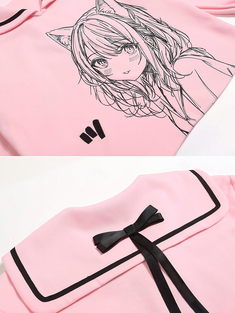 Black/Pink Sailor Collar Sweatshirt with Manga Girl Print and Ribbon Bow Back - Jirai Kei Style