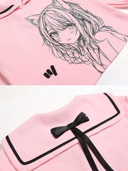 Black/Pink Sailor Collar Sweatshirt with Manga Girl Print and Ribbon Bow Back - Jirai Kei Style