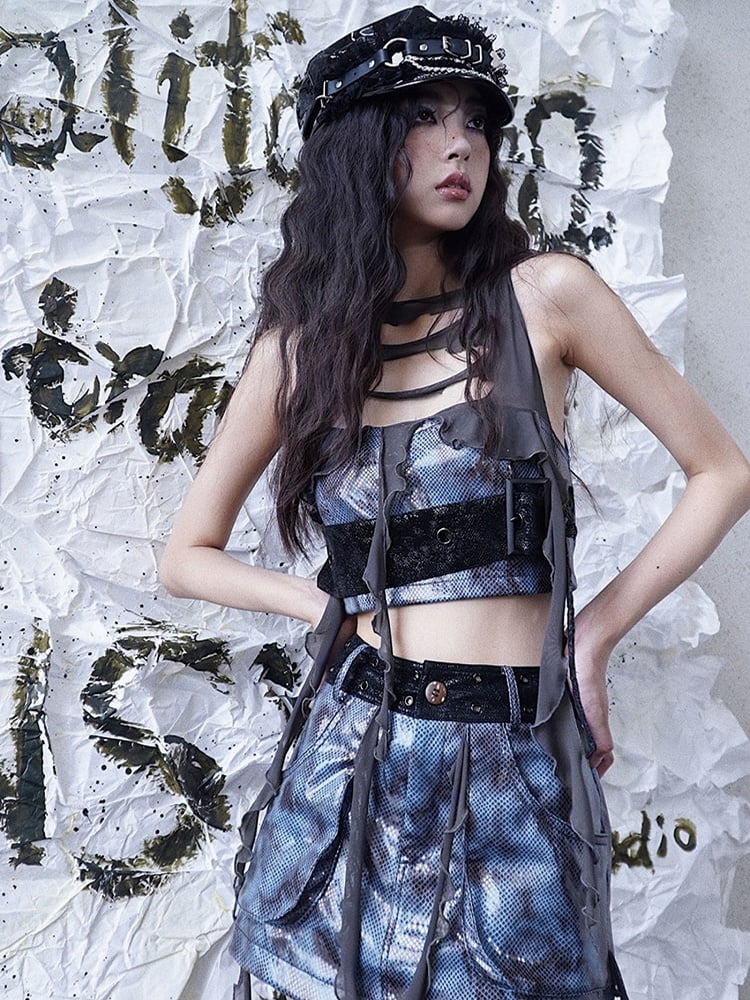 Wasteland Punk Distressed Holes Navy Blue PU Top Tassel Design